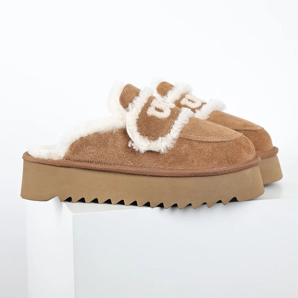 UGG Logo Plush Platform Mule – Sherpa-Lined, Chestnut | Women's 35–40